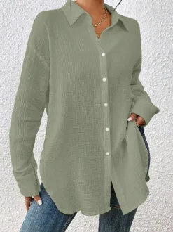 Blouse pour femme couleur abricot boutons col rabattu manches longues chics top en coton