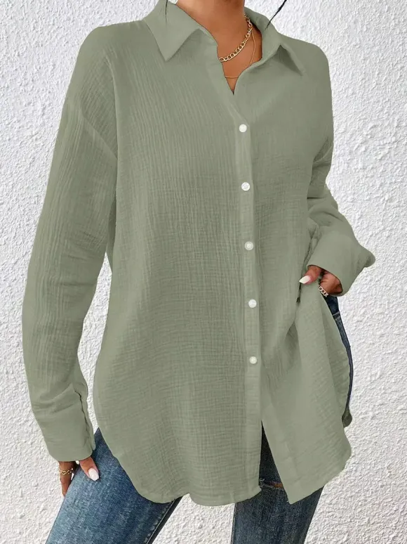 Blouse pour femme couleur abricot boutons col rabattu manches longues chics top en coton