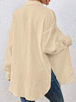 Blouse pour femme couleur abricot boutons col rabattu manches longues chics top en coton