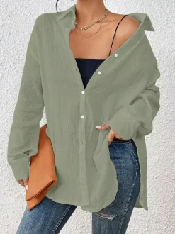 Blouse pour femme couleur abricot boutons col rabattu manches longues chics top en coton