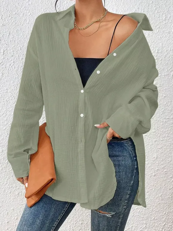 Blouse pour femme couleur abricot boutons col rabattu manches longues chics top en coton