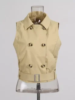 Blouse pour femme en coton kaki col rabattu ceinture académique boutons sans manches