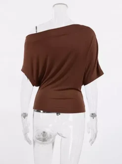 Blouse pour femme en coton marron épaules dénudées manches courtes froncées style décontracté