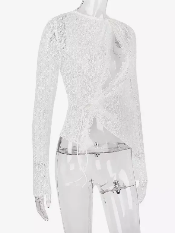 Blouse pour femme en dentelle blanche à col bijou manches longues et découpes sexy