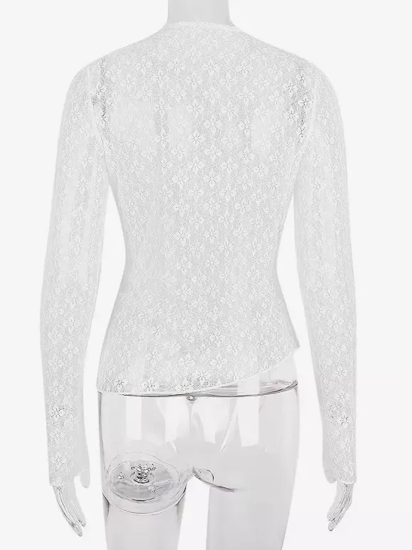 Blouse pour femme en dentelle blanche à col bijou manches longues et découpes sexy