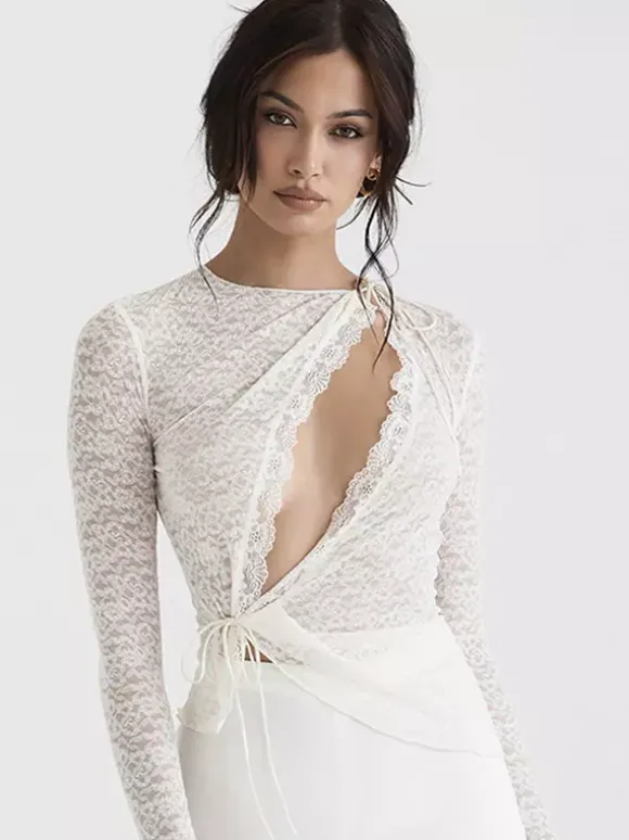 Blouse pour femme en dentelle blanche à col bijou manches longues et découpes sexy