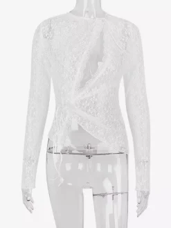 Blouse pour femme en dentelle blanche à col bijou manches longues et découpes sexy