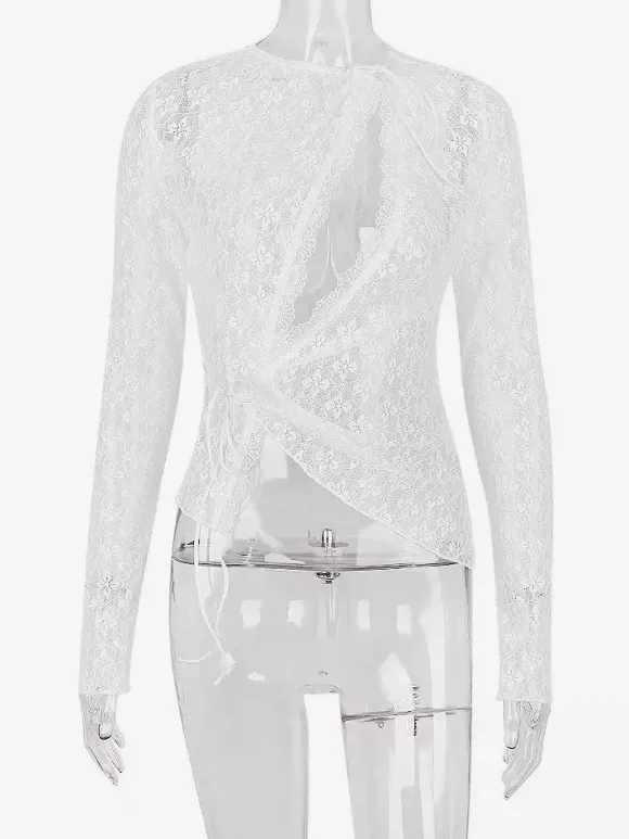 Blouse pour femme en dentelle blanche à col bijou manches longues et découpes sexy