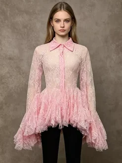 Blouse pour femme en dentelle abricot à volants et col rabattu élégante manches longues.