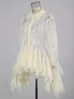 Blouse pour femme en dentelle abricot à volants et col rabattu élégante manches longues.