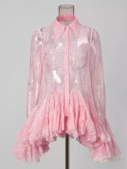 Blouse pour femme en dentelle abricot à volants et col rabattu élégante manches longues.