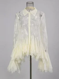 Blouse pour femme en dentelle abricot à volants et col rabattu élégante manches longues.