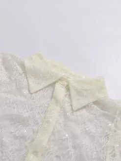 Blouse pour femme en dentelle abricot à volants et col rabattu élégante manches longues.