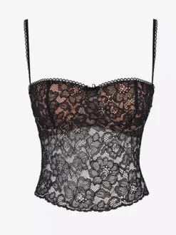 Blouse pour femme noire à bretelles en dentelle décolleté sexy en dentelle ajourée sans manches