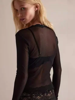 Blouse pour femme noire en polyester col en V manches longues chic