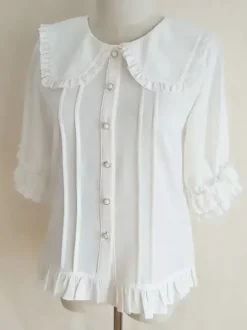 Blouses académiques Lolita Haut Lolita blanc écru Demi-manches Chemise Lolita à volants plissés