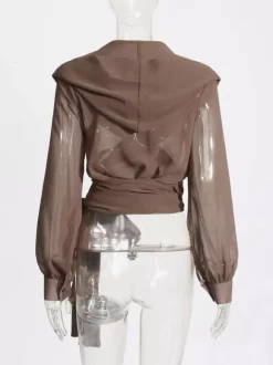 Blouses en mousseline transparente à capuche pour femmes - Hauts cache-c艙ur marron sexy à col en V et manches lanternes - Soirée rave d'été 2026
