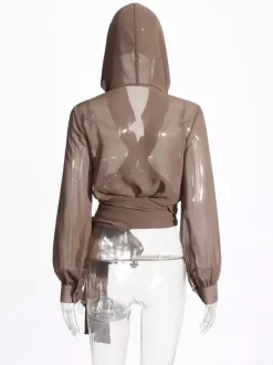 Blouses en mousseline transparente à capuche pour femmes - Hauts cache-c艙ur marron sexy à col en V et manches lanternes - Soirée rave d'été 2026