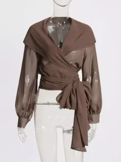 Blouses en mousseline transparente à capuche pour femmes - Hauts cache-c艙ur marron sexy à col en V et manches lanternes - Soirée rave d'été 2026