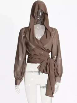 Blouses en mousseline transparente à capuche pour femmes - Hauts cache-c艙ur marron sexy à col en V et manches lanternes - Soirée rave d'été 2026