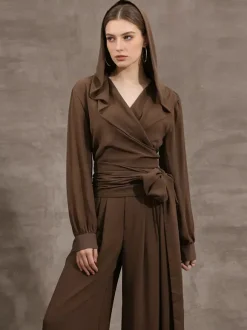 Blouses en mousseline transparente à capuche pour femmes - Hauts cache-c艙ur marron sexy à col en V et manches lanternes - Soirée rave d'été 2026