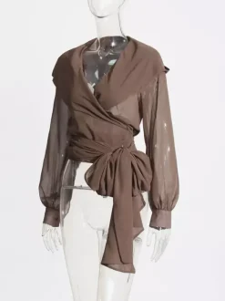 Blouses en mousseline transparente à capuche pour femmes - Hauts cache-c艙ur marron sexy à col en V et manches lanternes - Soirée rave d'été 2026