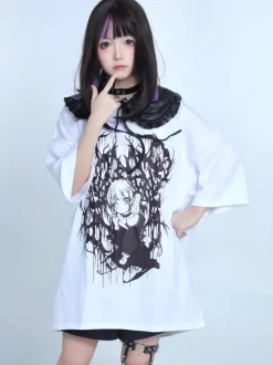 Blouses Lolita Steampunk Volants Haut Lolita Manches Courtes Imprimé Floral Chemise Lolita Noire