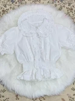 Blouses Sweet Lolita Haut Lolita Blanc Écru Manches Courtes Chemise Lolita À Volants Plissés