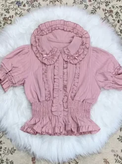 Blouses Sweet Lolita Haut Lolita Blanc Écru Manches Courtes Chemise Lolita À Volants Plissés