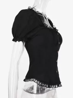 Blouses gothiques lolita haut lolita noir manches courtes chemise lolita à volants en dentelle