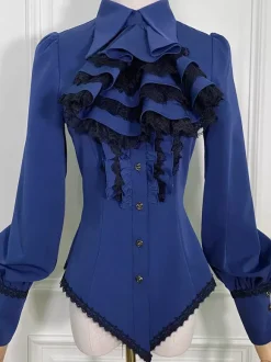 Blouses Lolita Steampunk Volants Dentelle Haut Lolita Manches Longues Blouse Chemise Lolita Bleue