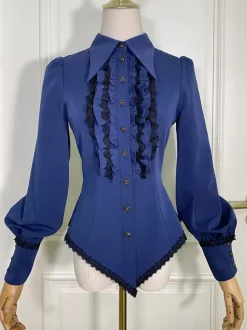 Blouses Lolita Steampunk Volants Dentelle Haut Lolita Manches Longues Blouse Chemise Lolita Bleue