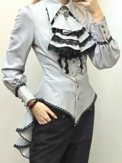 Blouses Lolita Steampunk Volants Dentelle Haut Lolita Manches Longues Blouse Chemise Lolita Bleue