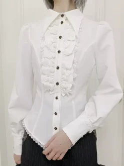Blouses Lolita Steampunk Volants Dentelle Haut Lolita Manches Longues Blouse Chemise Lolita Bleue