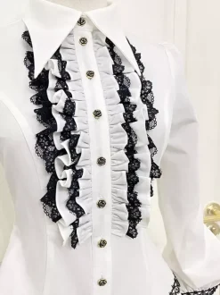 Blouses Lolita Steampunk Volants Dentelle Haut Lolita Manches Longues Blouse Chemise Lolita Bleue