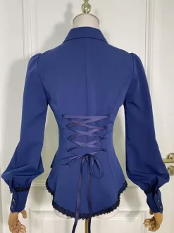 Blouses Lolita Steampunk Volants Dentelle Haut Lolita Manches Longues Blouse Chemise Lolita Bleue