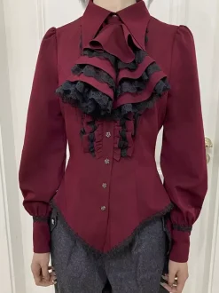Blouses Lolita Steampunk Volants Dentelle Haut Lolita Manches Longues Blouse Chemise Lolita Bleue