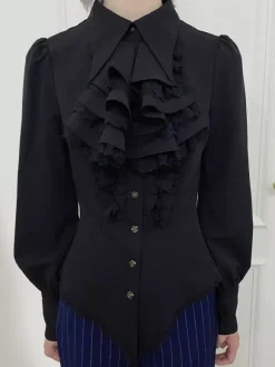 Blouses Lolita Steampunk Volants Dentelle Haut Lolita Manches Longues Blouse Chemise Lolita Bleue