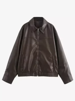 Blouson aviateur vintage en similicuir pour femme - Manteau Harrington oversize rétro zippé - Vêtements d'extérieur décontractés printemps 2026