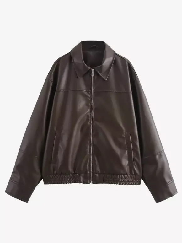 Blouson aviateur vintage en similicuir pour femme - Manteau Harrington oversize rétro zippé - Vêtements d'extérieur décontractés printemps 2026