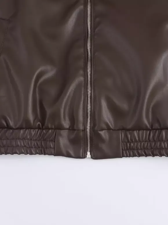 Blouson aviateur vintage en similicuir pour femme - Manteau Harrington oversize rétro zippé - Vêtements d'extérieur décontractés printemps 2026