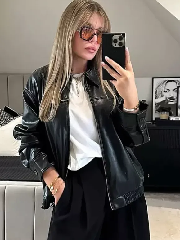 Blouson aviateur vintage en similicuir pour femme - Manteau Harrington oversize rétro zippé - Vêtements d'extérieur décontractés printemps 2026