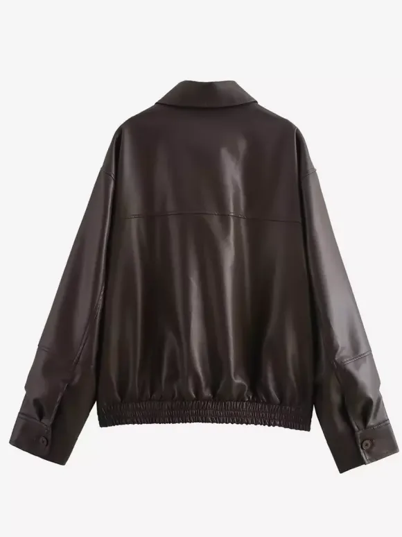 Blouson aviateur vintage en similicuir pour femme - Manteau Harrington oversize rétro zippé - Vêtements d'extérieur décontractés printemps 2026