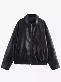 Blouson aviateur vintage en similicuir pour femme - Manteau Harrington oversize rétro zippé - Vêtements d'extérieur décontractés printemps 2026