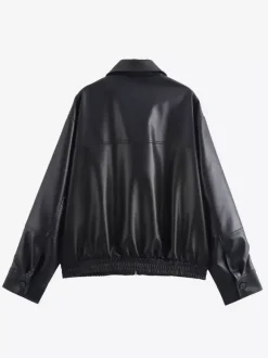 Blouson aviateur vintage en similicuir pour femme - Manteau Harrington oversize rétro zippé - Vêtements d'extérieur décontractés printemps 2026