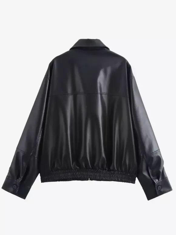 Blouson aviateur vintage en similicuir pour femme - Manteau Harrington oversize rétro zippé - Vêtements d'extérieur décontractés printemps 2026