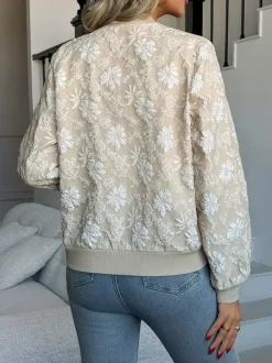 Blouson bomber femme en jacquard floral - Élégante veste zippée à motif floral 3D en relief et coupe ajustée - Streetwear chic printemps 2026