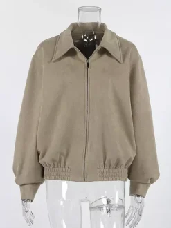 Blouson bomber femme en suédine synthétique - Fermeture éclair rétro ourlet élastique coupe décontractée - Collection printemps 2026