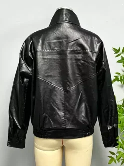 Blouson bomber oversize en similicuir pour femme - Manteau motard rétro noir à col montant et coupe ample - Style streetwear chic printemps 2026