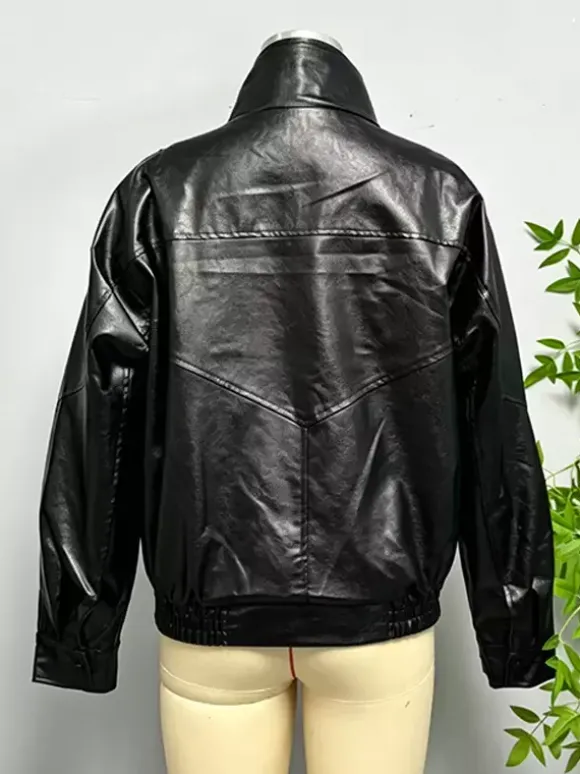 Blouson bomber oversize en similicuir pour femme - Manteau motard rétro noir à col montant et coupe ample - Style streetwear chic printemps 2026